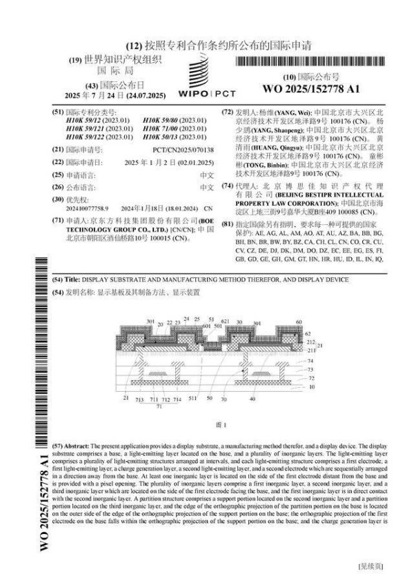 财富牛 京东方Ａ公布国际专利申请：“显示基板及其制备方法、显示装置”
